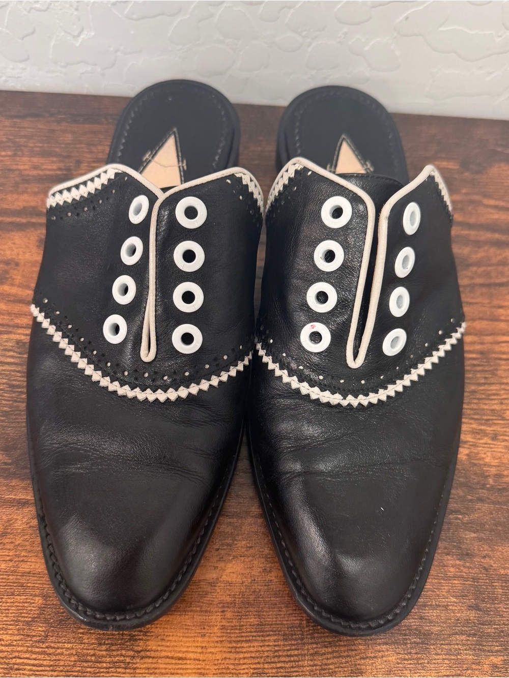 Altuzarra Leather Oxford Mules  Black Leather Slip-On White Trim Academia 38 7.5 - Picture 3 of 6